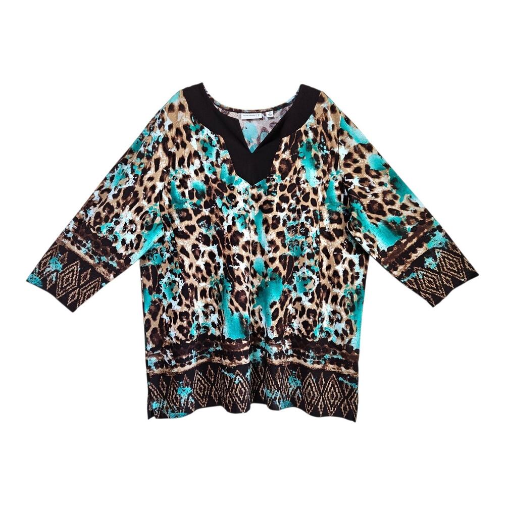 SUSAN GRAVER Plus 2X Tunic Blouse V-Neck Brown Green Animal Print Liquid Knit